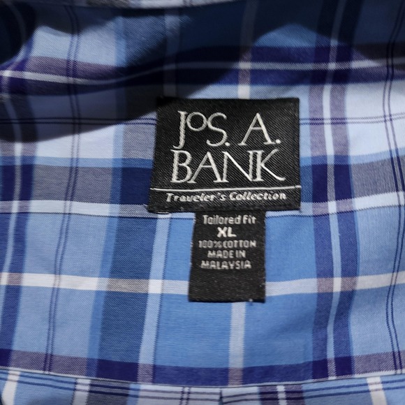 Jos A Bank Traveler Mens XL Plaid Shirt Blue Short Sleeve Button Down - Picture 3 of 9